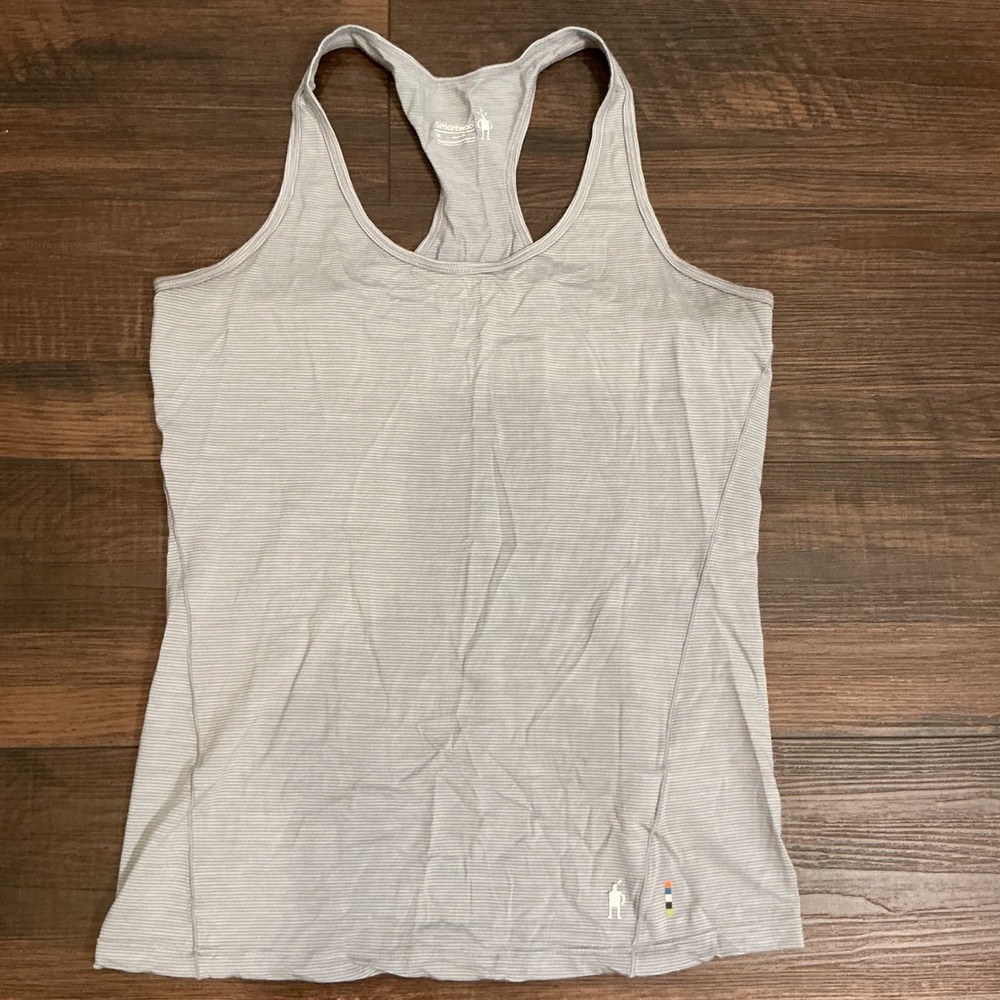 Smartwool Racerback Tank Top Blue White Striped Merino Wool Blend Medium